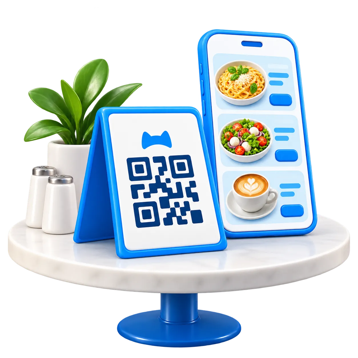 Тейбл-тент с QR на столе и телефон с меню: паста, салат и кофе